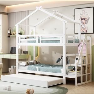 Sweiko Kinderbed, Wieg 90x200cm, Massief Houten Tweepersoonsbed, met opbergruimte en veiligheidsladder, met trekbank, Vlak noedelsframe, Wit (Zonder matras)