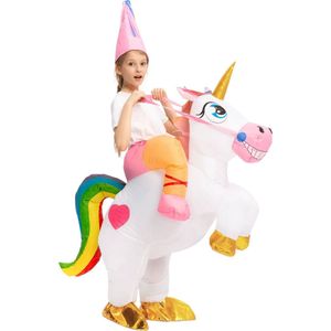 KIMU® Opblaas Kostuum Zittend Op Eenhoorn Kinderen tot 120 cm - Opblaasbaar Pak - Eenhoornpak Mascotte Opblaaspak - Opblaasbare Unicorn Festival