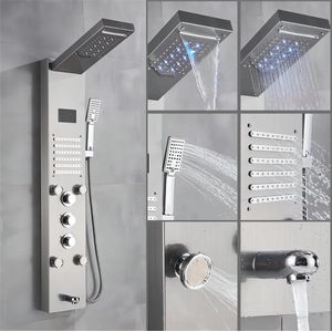 LotaHome - Douche Paneel met Massage - 5-in-1 Regendouche - Inclusief Massage Jets, Thermostaatkraan, Handdouche, Verlichting en LED Scherm - Luxe Waterval Douche - Opbouw - Doucheset - Douchepaneel - Airjets - Thermostatische Douchekraan - Zilver