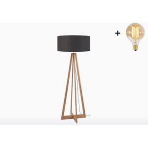 Vloerlamp – KILIMANJARO – Bamboe Voetstuk (h. 159 cm) - Donkergrijs Linnen Kap - Met LED-lamp