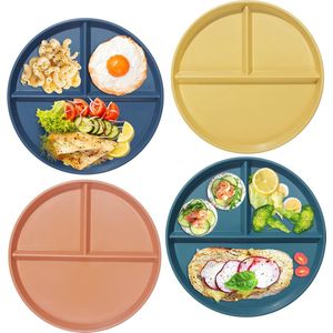 Plate Set Portion Control Split Dinner Plate Set, Unbreakable, 4 Pieces Picnic Plastic Plates 23 cm, Reusable, Deep Diet Serving Plates for Adults and Children