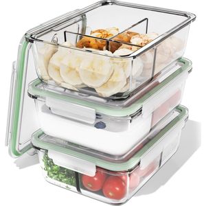Glazen Meal Prep Dozen met Deksel - 3 Vakken, Vaatwasser, Magnetron en Oven Bestendig - 3 x 1000 ml - Ideaal voor Gezonde Voeding en Voedingsplannen