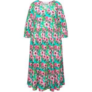 MIAMODA MIAMODA - Dames - Midi-jurk A-lijn bloemenmotief sierband 3/4-mouwen - Roze - Maat 56