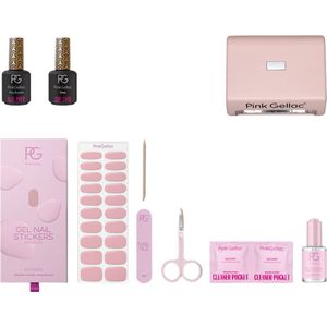 Pink Gellac Gel Stickers Starterspakket Compact - Manicure Set voor Gellak Stickers en Gel Nagels - Nagelstickers Starterspakket met Nail Prep, Top Coat Shine, Nagelriemolie, Schaartje, Nagelvijl, Cleaner Pockets en Compact Nagellamp LED UV Roze