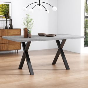Eettafel, ontwerp met gekruiste poten, rechthoekige eettafel, salontafel, moderne eenvoudige smeedijzeren eettafel, L140*B80*H76cm, betonlook+zwart