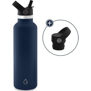 GO eco waterfles RVS donkerblauw 710 ml - extra dop met rietje - drinkfles - thermosfles - sport