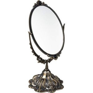 28,5 cm ovale vintage make-upspiegel bloementafelspiegel met standaard dubbelzijdig roterende decoratieve spiegel reliëfframe (brons)