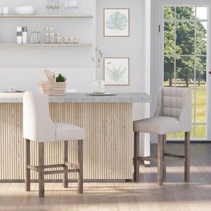 2 Set Bar Stool Modern Kitchen Stoelen Bar stoelen voor keuken met een lage rugleuning linnen touch rubber hout beige 47 x 50 x 101 cm