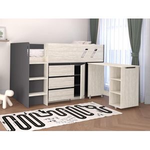 Combinatiebed 90 x 190 cm met bureau en opbergruimte - Kleuren: donkergrijs en vergrijsde houtlook - SAGITI L 196 cm x H 120.3 cm x D 188.8 cm