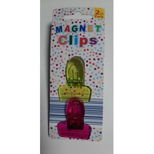2x magneetclip - koelkastmagneet met clip / klem - magneetclips voor memo's whiteboard magneetbord - transparant geel en rood