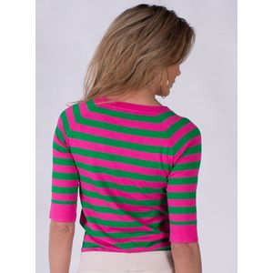 Dames trui green pink gestreept viscose ronde hals 1/2 mouw - MOSCOW.