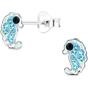 Joy|S - Zilveren baby zeepaardje - 5 x 8 mm - blauw - kristal - glittertjes - kinderoorbellen
