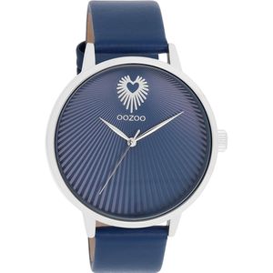 OOZOO Timepieces - Zilverkleurige OOZOO horloge met blauwe leren band - C11243