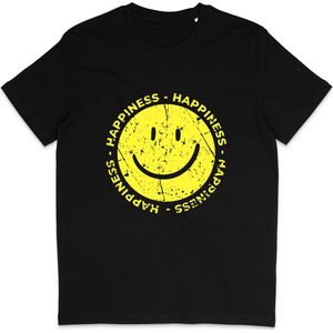 Grappig Dames en Heren T Shirt - Happiness Gelukkig - Gele Smiley -Zwart - XS