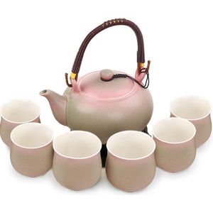 Theeset Chinese theeservies van keramiek, 600 ml theepot en 6 kopjes 120 ml Kungfu theeservies, ovengewijzigd glazuur Aziatische theepot voor theeliefhebbers, roze