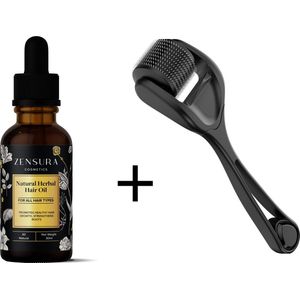 Zensura Luxe Haarolie + Dermaroller 1mm | 100% Natuurlijke Haarverzorging | Stimuleert Haargroei & Vermindert Haaruitval | Voor Dikker, Gezond Haar