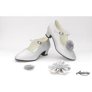 zilver glitter schoenen met hakken + bloemclips + broche (maat 25 - 17,5cm) prinsessenschoenen kind