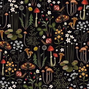 Vintage tropisch behang - paddenstoelen en bloemen - 1 stuk - zwart