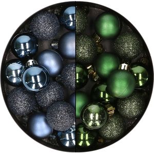 28x stuks kleine kunststof kerstballen donkerblauw en donkergroen 3 cm - kerstversiering