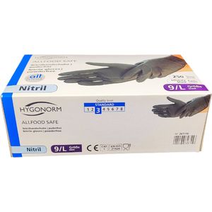 Hygonorm Nitril Handschoenen Maat L – Zwart – 250 Stuks – Poedervrij – Allfood Safe – Wegwerphandschoenen voor Voedselverwerking en Hygiëne