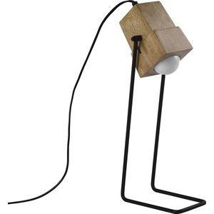 QUVIO Tafellamp Scandinavisch - Lampen - Leeslamp - Nachtkastlamp - Verlichting - Tafellamp slaapkamer - Tafellampen - Bedlamp - Houten lampje op staaldraad voet - Met 1 lichtpunt - E27 Fitting - Voor binnen - 10 x 18 x 43 cm - Zwart en bruin