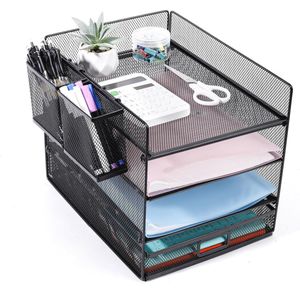 Bureau-organizer met 4 niveaus en lade - Papieren brievenbak met pennenhouders en opbergvakken