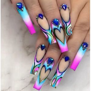 Nep nagels - Plak nagels - 24 stuks - Cofin shape - Roze licht blauw Hartje - Kunstnagels - Press on nails - Almond shape nails - Lange nagels - Fake nails