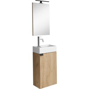 Badplaats Toiletmeubel Apollo LED 40 x 22 cm - Licht Eiken - Fonteinmeubel met Wastafel en Spiegel