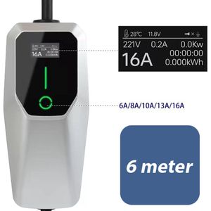 PG - Laadkabel Type 2 voor elektrische auto - Met stekker voor stopcontact - 6 meter - Stroomsterkte instelbaar 6A, 8A, 10A, 13A of 16A laadsnelheid
