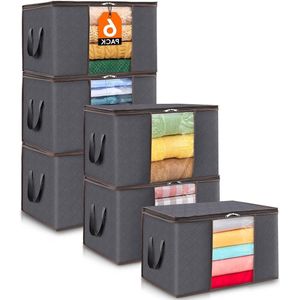 6 Pack Clothes Storage Bag - Blankets Duvets Foldable Storage - Reinforced Handle Sturdy Zipper Viewing Window 60L Grey packing cubes