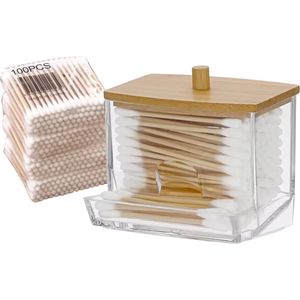 Luxe Wattenstaafhouder met Bamboe Deksel - Opbergdoos voor Wattenstaafjes - Inclusief 400 Wattenstaafjes - Wattenstaaf Dispenser - Stijlvolle Badkamer Accessoire
