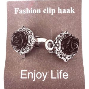 Vestsluiting - clip met haakje - 3D zwart roos - voor - vest - sjaal - omslagdoek in kleur antiek zilver look.