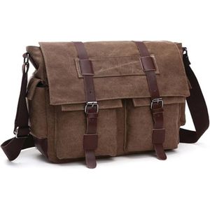 Schoudertas, heren van canvas materiaal, 16 inch vintage militaire canvas laptoptas voor werk en school, meerdere vakken, waterdicht en krasbestendig