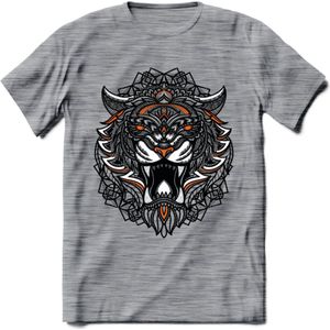 Tijger - Dieren Mandala T-Shirt | Oranje | Grappig Verjaardag Zentangle Dierenkop Cadeau Shirt | Dames - Heren - Unisex | Wildlife Tshirt Kleding Kado | - Donker Grijs - Gemaleerd - M