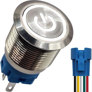 ProRide Metalen Drukschakelaar ON-OFF met Aansluitkabel - 22mm - Spatwaterdicht - 220V - LED Indicatie Wit