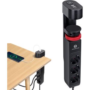 Aigostar 20Y42- Stekkerdoos met Schakelaar - 5 Stopcontacten - 3 USB Poorten - 1.4 Meter Verlengsnoer - met tafelclip - Zwart