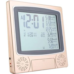 Azan wekker voor gebedstijden - digitale tafelklok met herinneringen - LCD-display (goud)