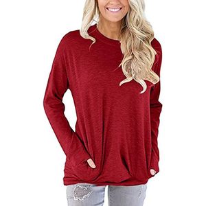 ASTRADAVI Casual Wear - Dames O-Hals Sweater - Trendy Trui met 2 Zakken - Rood / Small
