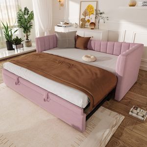 Sweiko Slaapbank - 90 x 200 cm (180 x 200 cm) met uitschuifbaar bed - Fluweel - Minimalistisch - Zonder matras - Roze