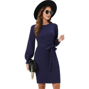 Gebreide jurk dames truijurk met lange mouwen casual winterjurk elegante tuniek truijurk met riem Kerst jurk Marineblauw XL