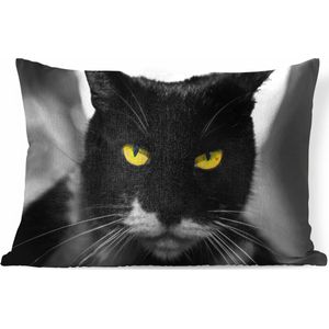 Sierkussens - Kussen - Zwart-wit foto van de kop van een zwarte kat met gele ogen - 60x40 cm - Kussen van katoen