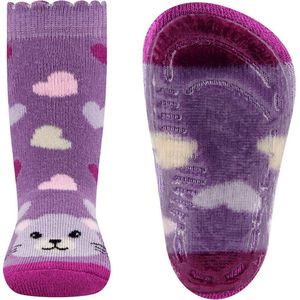 Ewers Antislipsok- Lilapaars en Donkerroze - Poezenhoofd met Hartjes - Siliconenzool-21/22