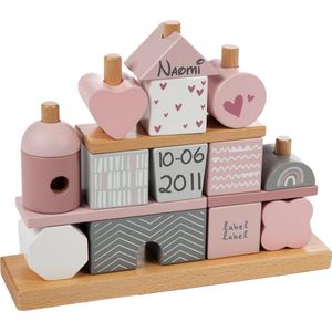 Kraamcadeau Hout Stapelblokken huisje Roze gepersonaliseerd met naam