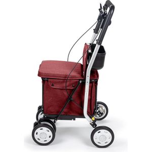 Boodschappentrolley-rollator met zitje, plooibare supermarkttrolley met 4 wielen met afneembare tas 29 l/15 kg en lade voor persoonlijke spullen, Lett800 Senior Comfort Pro, rood