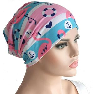 Chemomuts beanie zomerse print flamengo's en ankers roze wit blauw maat one size
