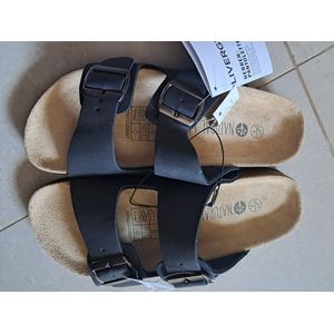 Livergy Heren Slippers - Maat 42 - Zwart - Echt Leer - Met verstelbare bandjes