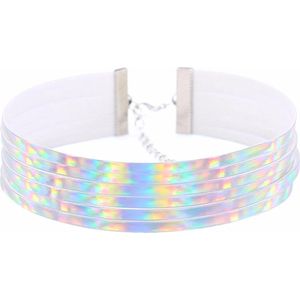 KIMU Choker Zilver Streepjes Iridescent - Holografische Ketting Halsband Collar PVC - Sexy Zilveren Nekband Regenboog Pastel Halsbandje Halsketting Y2K 90's Nineties Cybergoth Punk Festival