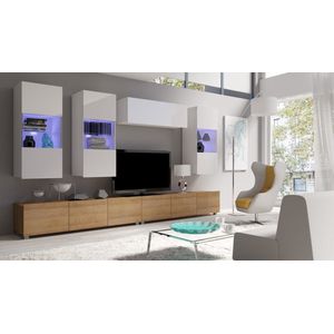 TV meubel - CALABRINI 5 - met LED verlichting - Hangmeubel - Wit glans + Gouden eik - 300 cm