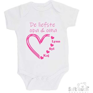 100% katoenen Romper ""De liefste opa & oma met de namen van 3 kleinkinderen"" Meisjes Katoen Wit/roze Maat 56/62