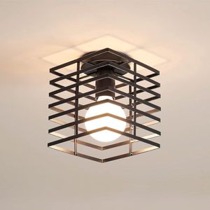 Delaveek-E27 Vintage Industriële Plafondlamp-Metaal- vierkante kooi -Zwart (Lamp niet inbegrepen)